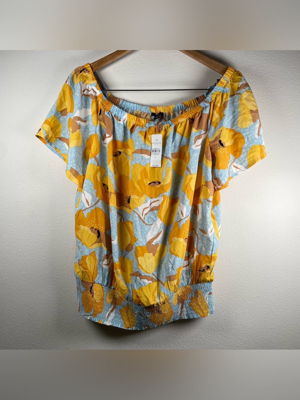 NEW Ann Taylor Yellow Floral Off-The-Shoulder Blouse Rayon size L Resortwear